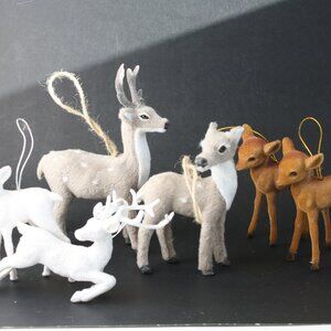 Lot of 6 Vintage Deer Ornaments Flocked Faux Fur white sparkles Christmas